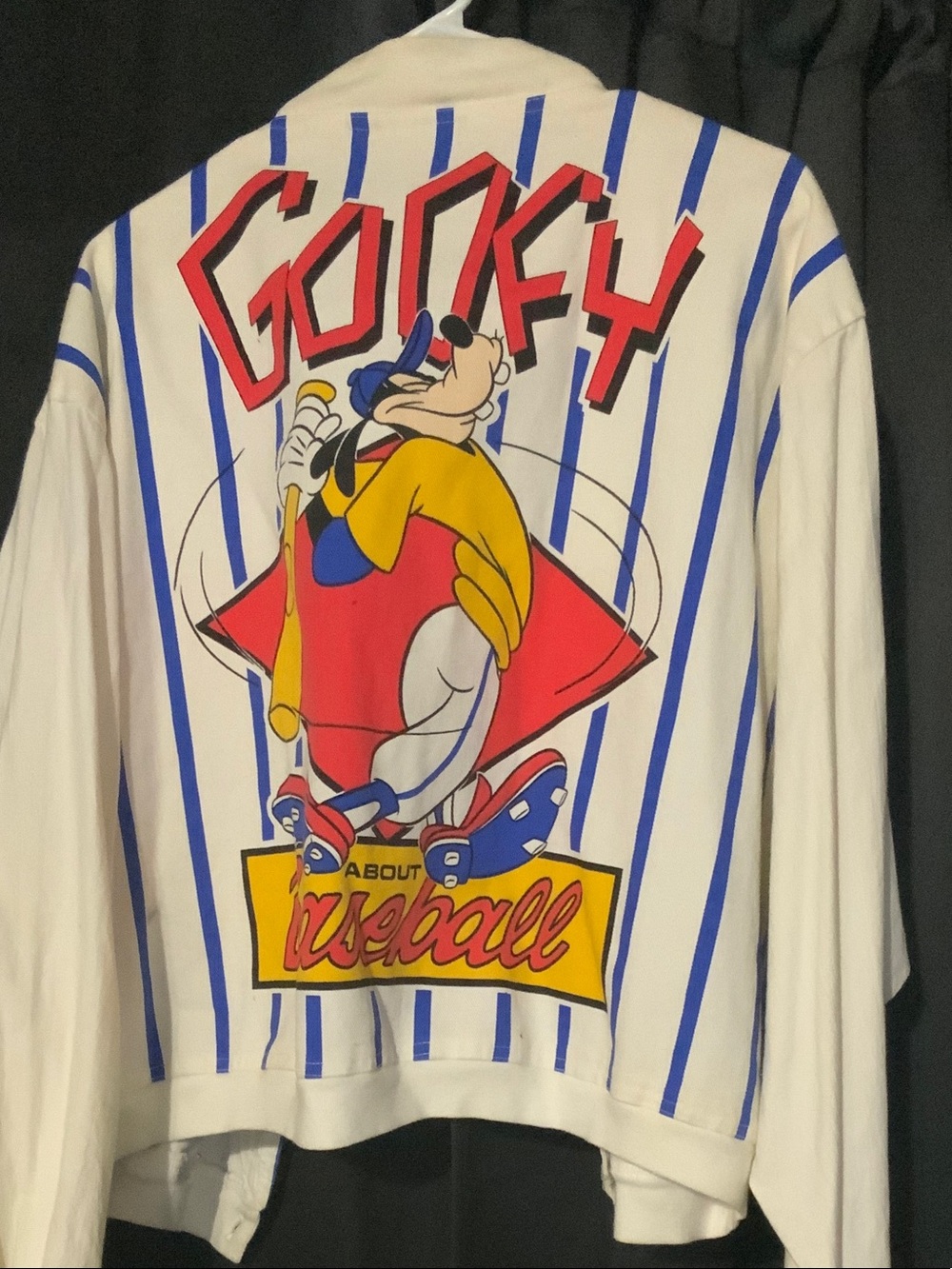 Vintage Disney Goofy Pinstripe Baseball Jacket - White, Blue, Red, Yellow